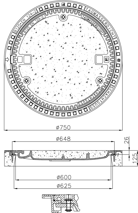 Schachtabdeckung Beton/Guss, rund Kl. B125 = 12,5to, tagwasserdicht