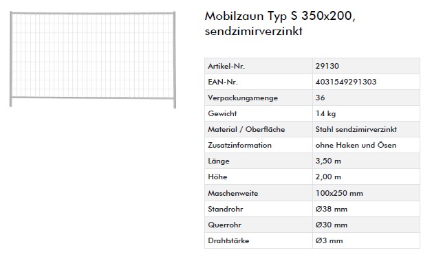 Mobilzaun Typ S 350x200, sendzimirverzinkt  