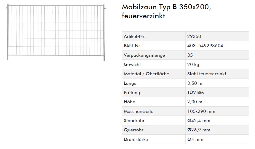 Mobilzaun Typ B 350x200, feuerverzinkt  