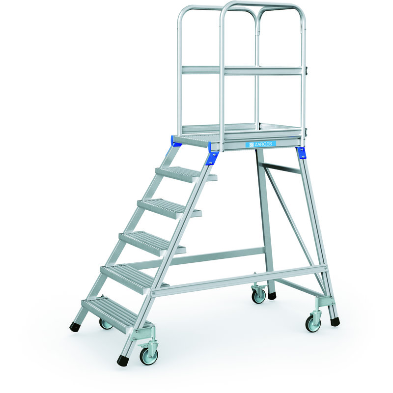 ZARGES Podesttreppe, fahrbar, einseitig begehbar mit Stahl-Gitterrost-Stufen und Plattform